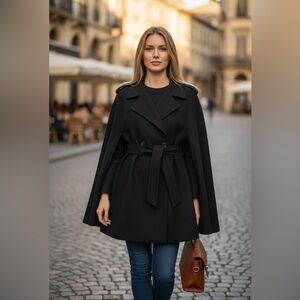 NWOT Rachel Zoe Elegant Black Cape Belted Shrug Coat Poncho Capelet Cozy OS